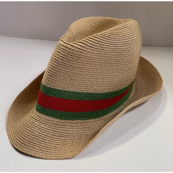AUTH GUCCI Straw Fedora Hat Red Green Web Stripe Unisex Size Medium - Picture 2 of 9